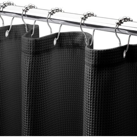 QORVA-Rideau de douche noir 120 cm x 180 cm, 1 pièce en polyester avec anneau à boule en métal, rideau de douche de salle de bain gaufré (1/5)