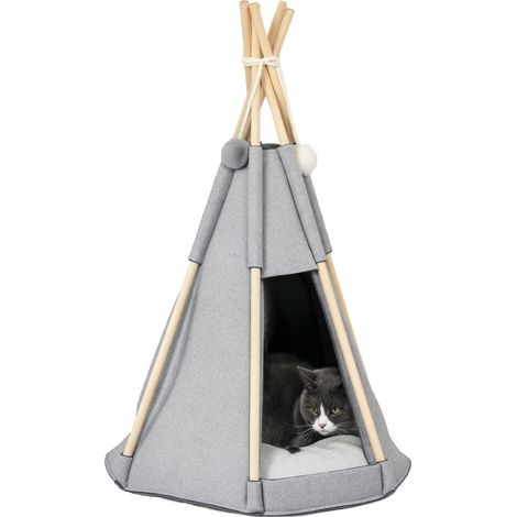 Tipi-Zelt für Katzen oder Hunde, dickes Kissen, 2 Pompons inklusive, Kiefernholzrahmen, grauer Plüschfilz
