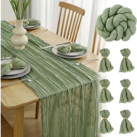 Chemin de Table Vert Sauge 400 x 90cm Chemin de Table en Gaze Boho Chemin de Table Tissu Table Runner Deco Table de Cuisine Vacances Mariage Fête,6 Serviettes de Table avec Anneaux (1/5)