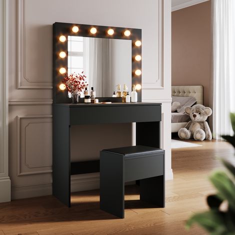 SONNI Schminktisch, Schminkkommode, Frisiertisch, mit Spiegel, 1 Schublade, 1 Hocker, 12 LED-Glühbirnen, Einstellbare Helligkeit, Modern, Schwarz (1/5)