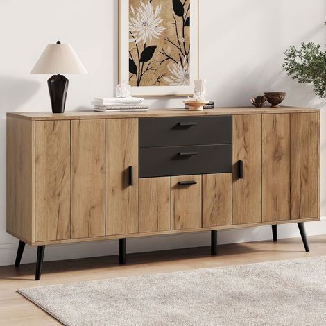 Buffet 140x35x67cm 3 portes 2 tiroirs aspect bois et noir - Buffet salon - Joli meuble de rangement moderne MDF avec 7 compartiments (1/5)