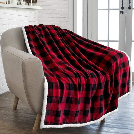 Couverture à carreaux une pièce, couverture en flanelle, couverture double face hiver chaude en microfibre à carreaux de Noël pour canapé-lit, 150x130CM, plaid rouge (1/2)