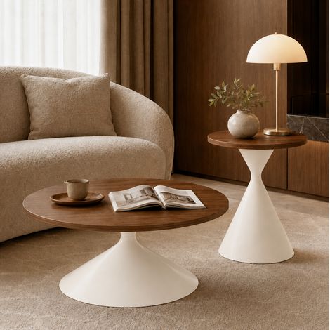 Lot de 2 tables rondes effet noyer avec piètement en acier crème Ø70/50 cm (1/5)