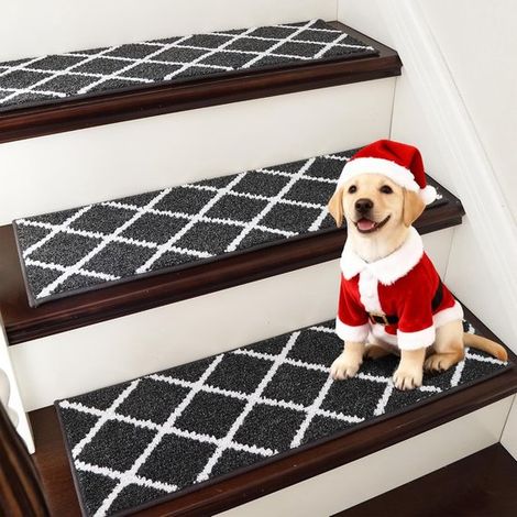 Juego de cuatro alfombrillas antideslizantes para escaleras, 76 x 22 cm, lavables máquina, 100 % poliéster, reverso autoadhesivo TPE, color negro (1/4)