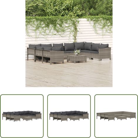 vidaXL Rattan -  10-tlg. Garten-Lounge-Set mit Kissen Grau Poly Rattan (1/5)