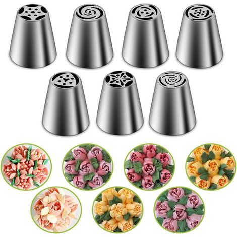 Set di 7 bocchette per decorare in acciaio inox a forma di tulipano russo, accessori da cucina per pasticcini, cupcake, torte, biscotti e decorazioni. (1/5)