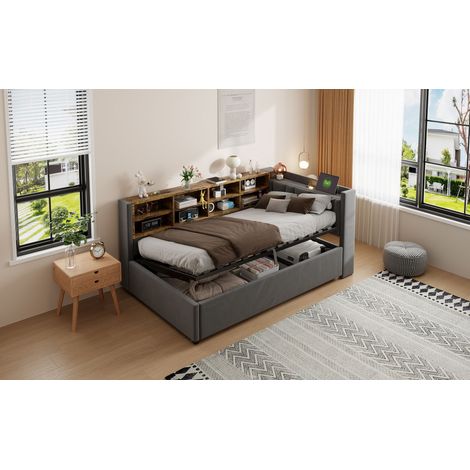 Lit-polytique multifonctionnel 90x200 cm, canapé-lit avec rangement hydraulique, éclairage nocturne, ports USB et Type-C, tablettes et tiroirs, tête de lit rembourrée, tissu velours gris anthracite (1/5)