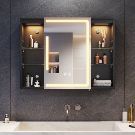 SONNI Badezimmer Spiegelschrank, Badspiegel mit LED Beleuchtung mit 3 einstellbar Lichtfarben, LED Spiegelschrank mit Steckdose und Offenes Lagerregal 80x60 cm