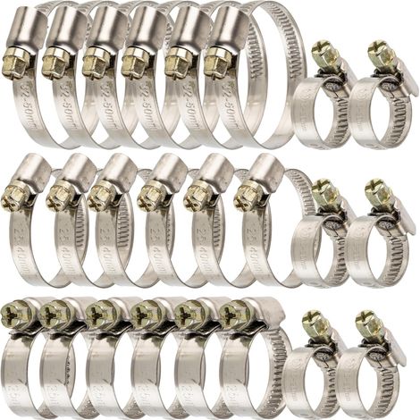 Schlauchschellen mit Schneckenantrieb Set, 24 Stück, Spannbereich Ø 12-50 mm, je 6 x Schellen mit Ø 12-20, 16-25, 25-40, 32-50 mm, W2 Edelstahl, Klemmen mit Kreuzschlitz SW 7, Schlauchklemme (1/5)
