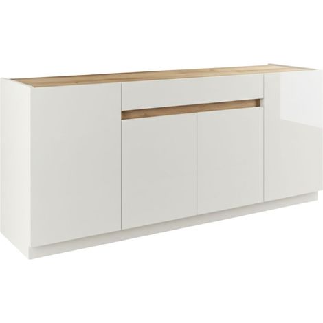 Buffet 4 portes 1 tiroir laqué blanc plateau et détail façade aspect bois finition Cadiz - FANASY (1/5)