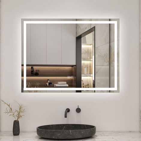 Bluetooth LED Bathroom Mirror with Shaver Socket, 3 Colours Lights Dimmable, 800x600 mm Illuminated Bathroom Vanity Mirror, Demister, Wall Switch Touch Switch Smart Mirrors Horizontal Vertical (1/5)