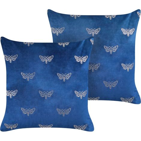 Set of 2 Decorative Cushions YUZURI Velvet 45 x 45 cm Navy Blue Animal Pattern (1/5)