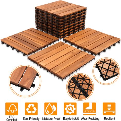 TolleTour Dalle en bois Acacia 30 x 30 Dalles à clipser Balcon Dalles de terrasse Dalles de terrasse en bois Système à clipser Extérieur,résistant aux intempéries,antidérapant 55x