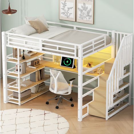 REDOM - Cama alta 140x200x170 cm, escritorio integrado, compartimentos, LED, metal, blanco (1/5)