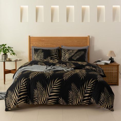 Literie 135x200 cm 4 pièces motif feuille, Or Noir, Microfibre, Fermeture éclair