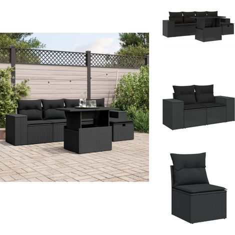 Salon de jardin 6 pcs avec coussins noir résine tressée - Ensemble Salon De Jardin - Mobilier De Jardin - Table Extensible - Chaise Lounge - Set De Jardin (1/5)