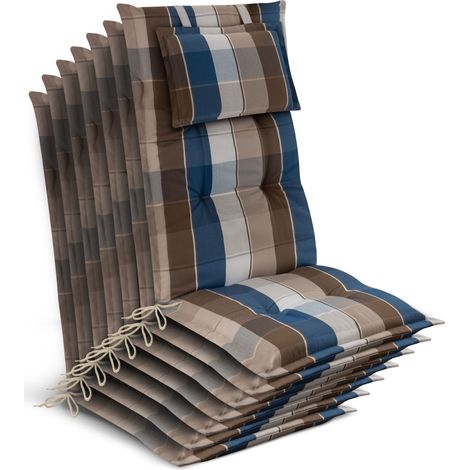 7x Gartenstuhlauflage Hochlehner 120x50x7cm, Braun-Blau-Kariert
