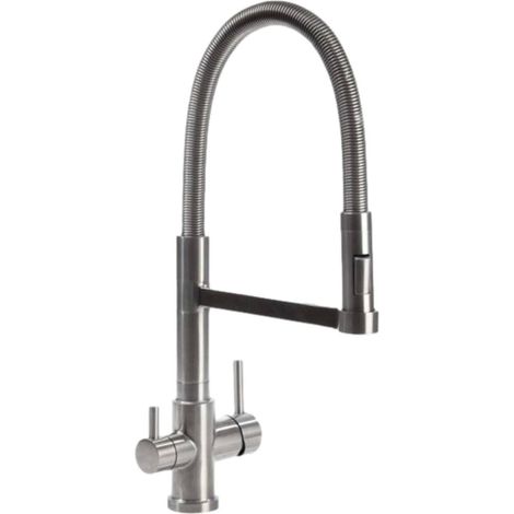 Robinet de cuisine mitigeur 3 voies – Acier inoxydable chromé – Douchette extensible – Col de cygne orientable 360° – Compatible osmose inverse – Ionfilter (1/5)