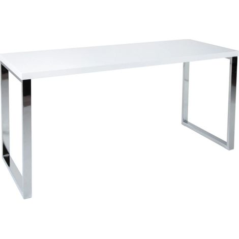 Escritorio de diseño MONZA 140x60 cm en blanco brillante con patas cromadas plateadas (1/5)