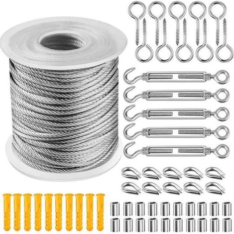 Steel Wire Rope Set - 30m x 2mm - Comes with Stainless Steel Hooks, Screw Eyes and Fasteners - Outdoor Lighting Lead - Steel Wire - Garden Steel Wire Suspension Set - Suitable for Tent Rope, Clothesli (1/5)