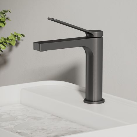 EMKE Robinet Salle de Bain, Robinet de lave-mains, avec Aérateur et Flexibles de 90 mm, Laiton, Cartouche Céramique, Anthracite Mat (1/5)
