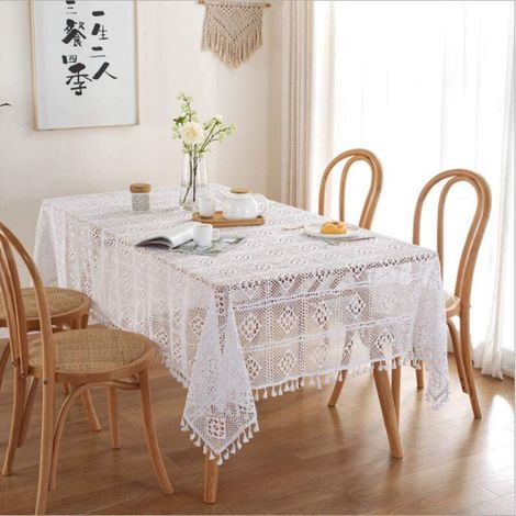 Nappe rectangulaire vintage en dentelle de coton blanc crochetée à la main