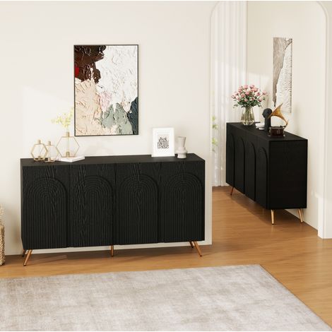 Credenza Sideboard, ante ad arco, ripiani regolabili, legno composito nero, piedi in metallo dorato (1/5)
