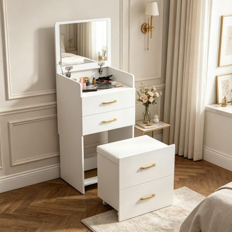 Coiffeuse 3 en 1 en MDF blanc, miroir rabattable, verre et tabouret à roulettes OKWISH (1/5)