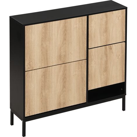 Scarpiera con panca ribaltabile e 3 ante, MDF nero ed effetto legno, 100x25x100 cm (1/5)