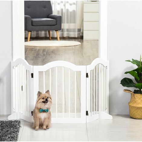 Barrière de protection pour chien 3 panneaux pliable en bois et MDF blanc OKWISH (1/5)