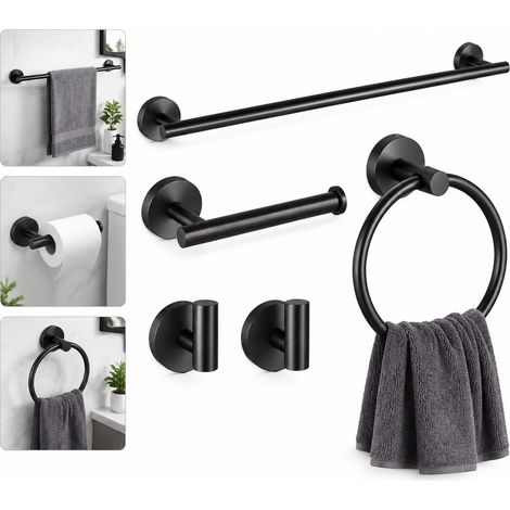 Set Salle de Bain 5 Pièces Noir Acier Inox Barre Porte-serviettes 40 cm et Crochets (1/5)