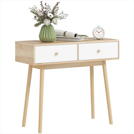 Console Table 2 tiroirs blanc chêne effet bois 86 cm (1/5)