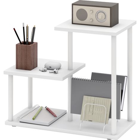 Bibliothèque 3 niveaux effet bois cadre métal blanc 40x20x34,5 cm (1/5)