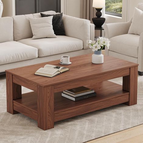Table Basse Moderne 2 Niveaux – Bois de Noyer, MDF – Pour Salon, Chambre ou Bureau – Pratique et Élégante