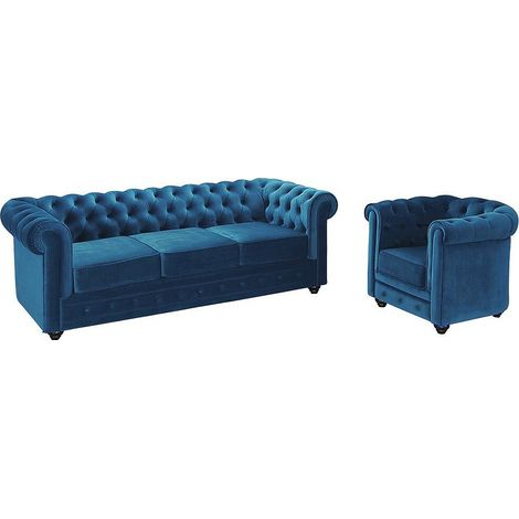 Vente-Unique – Canapé Chesterfield 3 places en velours bleu canard – Dossier capitonné – Charge maximale 360 kg – Dimensions 205x88x72 cm (1/4)