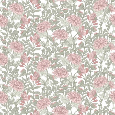 Papier peint chrysanthèmes rose poudré (1/3)