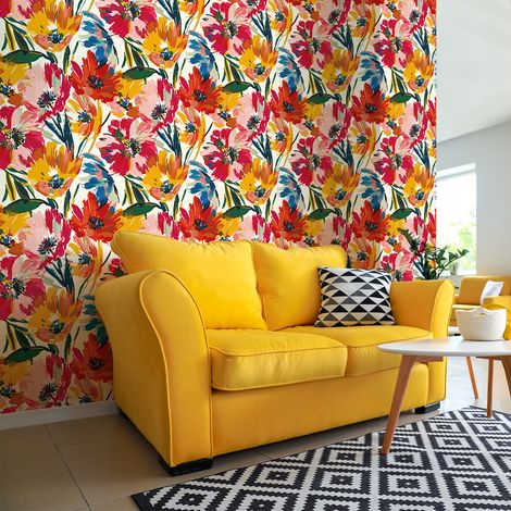 Papier peint intissé pré-encollé - PEINTURE DE FLEURS MULTICOLORE - 1 rouleau de 300x60cm (1/5)