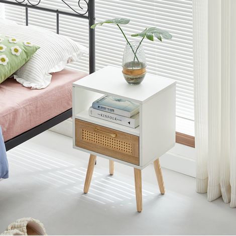 Table de chevet en rotin avec 1 tiroir, 1 niche ouverte, MDF blanc et naturel 56 x 40 x 30 cm HAVRYA (1/5)