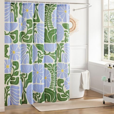 Rideau de douche moderne du milieu du siècle abstrait géométrique bohème pour salle de bain, rideau de douche à motif floral bleu et vert, rideau de douche vintage en tissu imperméable (1/5)