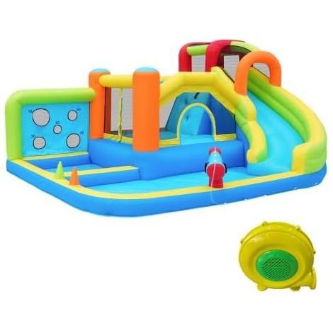 Castello gonfiabile con ventilatore, parco acquatico multifunzionale per bambini, scivolo d'acqua, trampolino, parete da lancio, canestro da basket, parete da arrampicata, con ventilatore da 450 W (1/5)