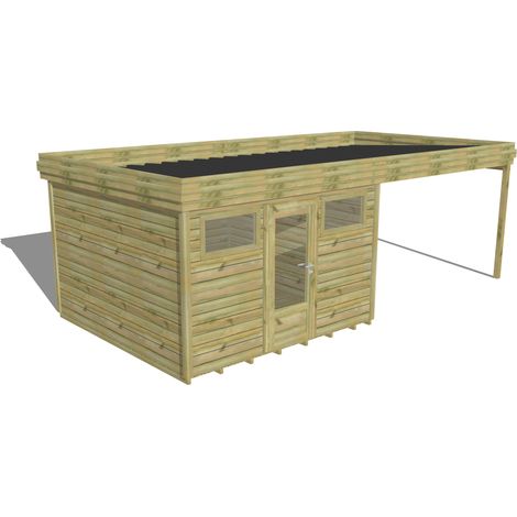ABRI DE JARDIN bois Pin autoclave 27mm - 6,94x3,44m / 23,9m2 - Bac acier - Plancher bois