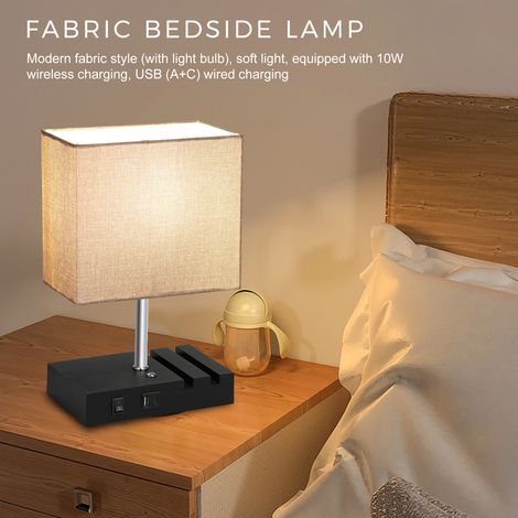 Lampe de table de chevet en tissu, lampe de bureau avec ampoule LED blanc chaud, contrôle tactile, chargeur sans fil 10 W, ports de charge USB A Type-C, support de téléphone pour salon, chambre à couc (1/5)