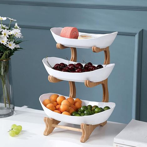 Corbeille à fruits 3 étages,Porte-Fruits Céramique 3 Etages avec Support en Bambou Naturel pour Fruits,Gâteaux, Bonbons 3515cm (blanc) (1/5)