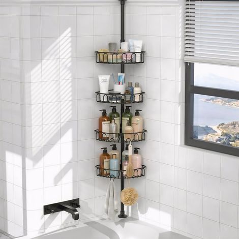 Etagere Salle de Bain sans Percage, Etagere Douche sans Percage Telescopique d'Angle, Rangement et Organisation de la Salle de Bain, Rangement Douche, 4 Niveaux, 85–316 cm, Noir (1/5)