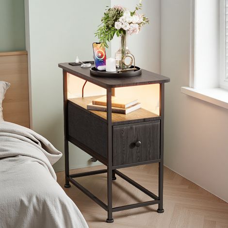 Table de Chevet - Chevet de lit 60x30x62cm - Avec USB et LED - 1 Tiroir - Industriel - Meuble de Chambre - MDF&Métal - Noir (1/5)