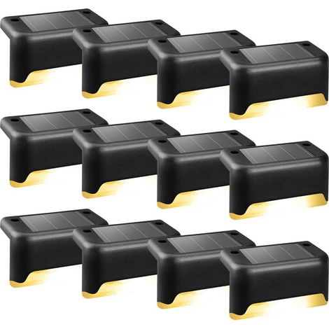 GDHZS- Lot de 12 lampes solaires pour extérieur, escaliers, lumières LED étanches pour escaliers extérieurs, marches, clôture, cour, terrasse, gouttière, allée, décoration (noir, blanc chaud) (1/5)