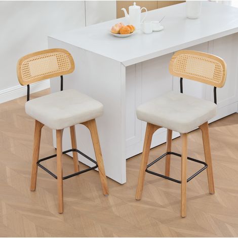 Set di 2 sgabelli da bar girevoli a 360° in ciniglia beige con schienale in rattan - CHICFURN (1/5)