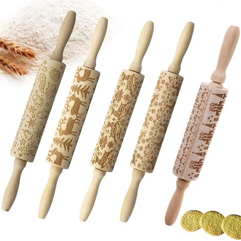 Rouleau à pâtisserie en bois naturel pour décorer les gâteaux de Noël (1/5)