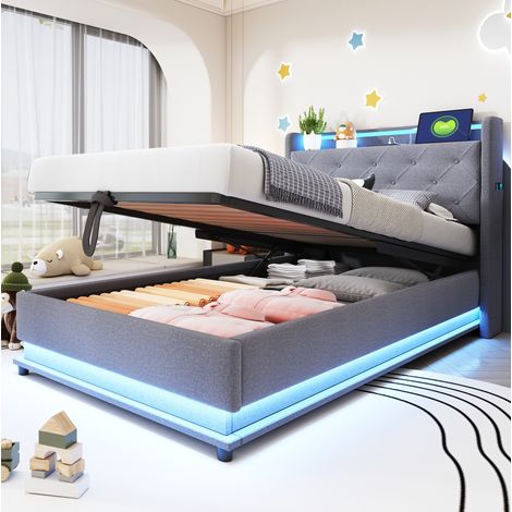 Kinderbett 90/200 cm grau aus Leinenstoff mit LED, USB-C und Stauraum (1/5)