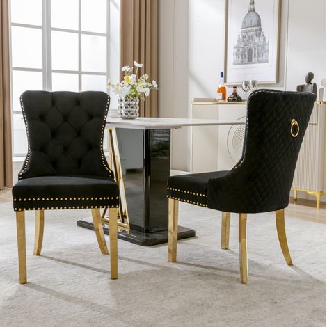 Silla de comedor 50,5 x 45 x 95 cm en terciopelo negro con patas doradas y detalle de aro (1/5)